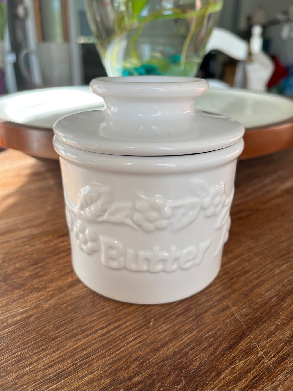 White Ceramic Butter Crock with Floral Relief